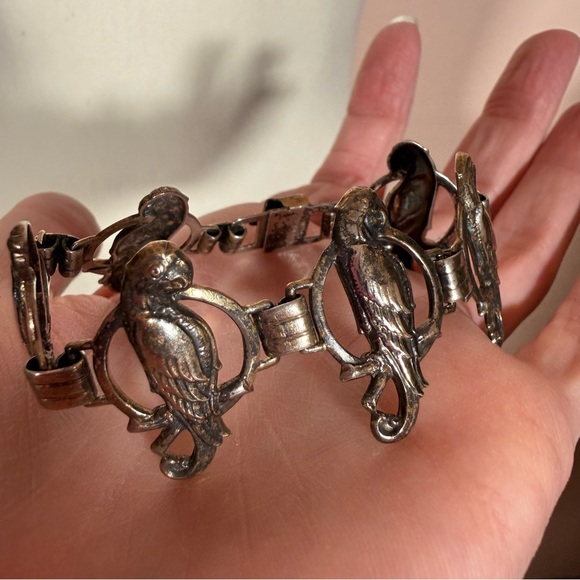 Antique Victorian deco gold vermeil Sterling silver bird parrot wide bracelet - Picture 6 of 17